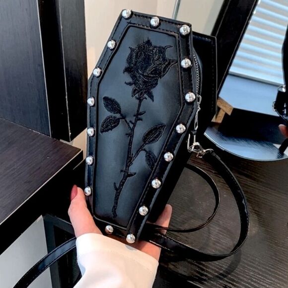 Hot Topic Handbags - XMAS SALE Black Leather Goth Embroidered Rose Studded Coffin Purse